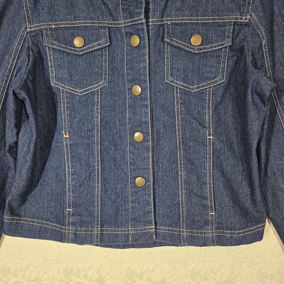 VTG Live A Little Denim Jacket sz L Blue Snap Front Pockets Fitted Top Stitched - Picture 3 of 16